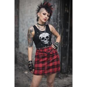 Womens Tracy Evans Ltd Red Plaid Pleated Mini Skirt with Black Belt Size 1 NWT